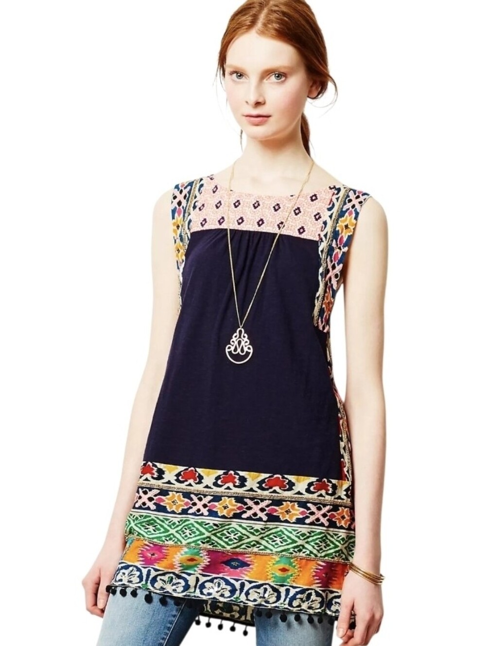 Akemi + Kin Boho Embroidered Pom Pom Aztec Tinamou Stitched Tunic. Size Small